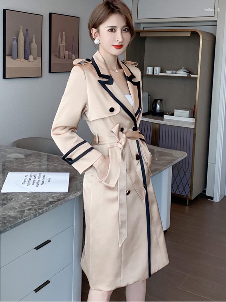 

Women' Trench Coats 2022 Fashion OL Casual Professional Woman Coat Acetate Khaki Black Patchwork Notched Collar Double Breasted Belt Long