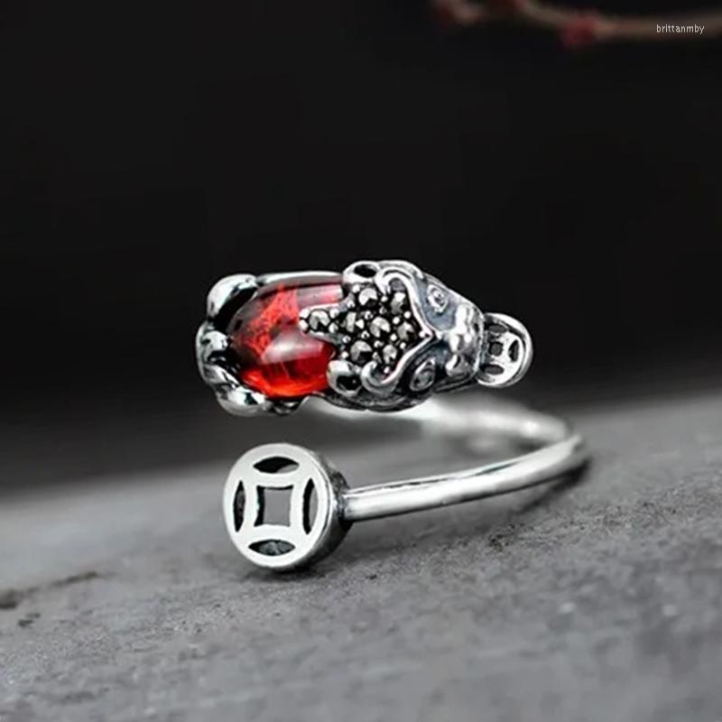 

Cluster Rings Design Inlaid Pomegranate Chalcedony Brave Opening Ring Chinese Retro Silver Domineering Pendant Men's And Women's