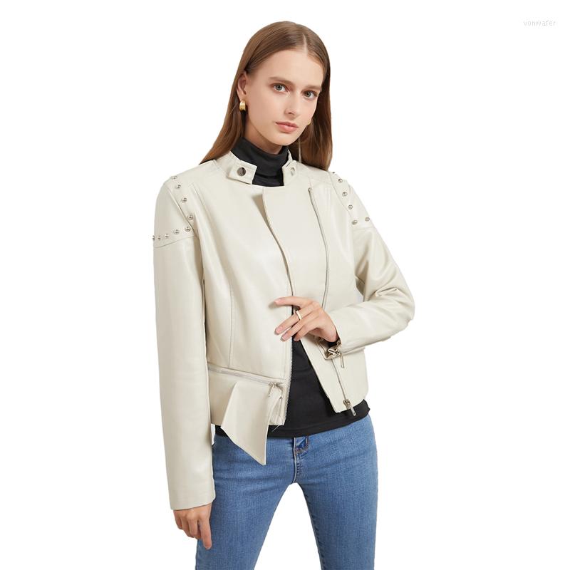 

Women' Leather Faux Jacket Women Spring Autumn Outfit Simple Fashoin Solid Pu Jackets With Rivets Irregular Hem Ladies Casual Outerwear, Beige