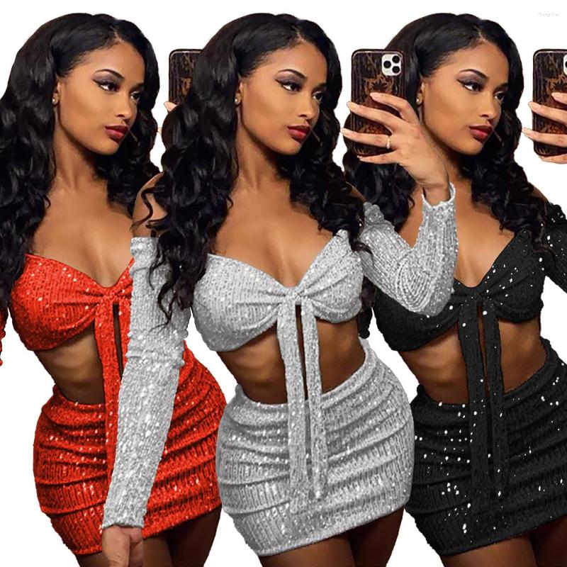 

Work Dresses Party Y2k Skirt Suit 2022 Autumn Winter One-shoulder Long-sleeved Sequin Frenulum Sexy Package Hip 2 Pieces Set, Red