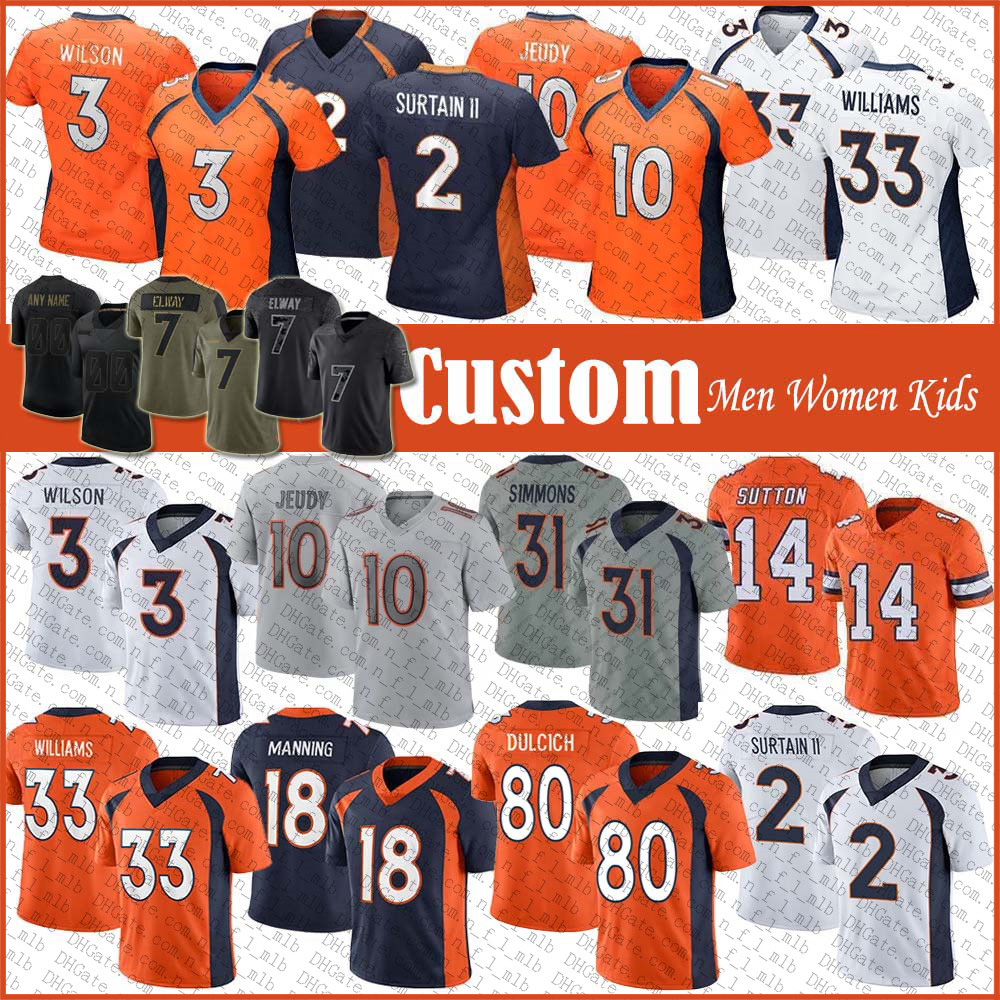 

3 Russell Wilson 31 Justin Simmons Custom Football Jersey 10 Jerry Jeudy Javonte Williams Greg Dulcich Courtland Sutton Patrick Surtain II Alex Singleton John Elway, Shown