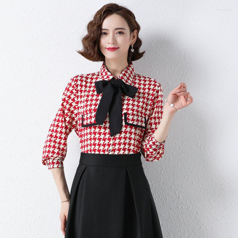 

Women's Blouses Women Black Red Houndstooth Shirts Smart Casual Turn Down Collar Long Sleeve Single Breasted Top Ladies Outfits Autumn