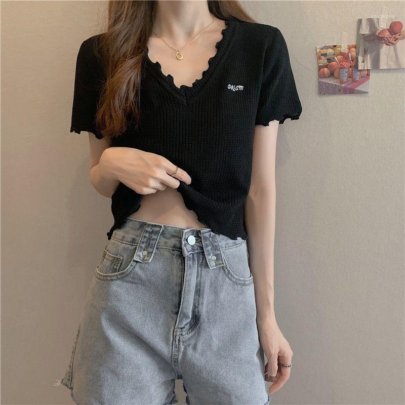 

Women' T Shirts Woman Tshirts Curling White Short Sleeve Knitted Women' High Waist Top Crop Mujer Camisetas, 04