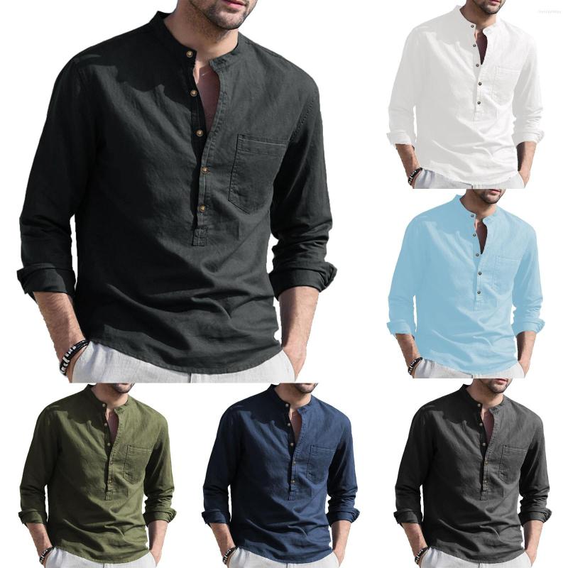 

Men' Casual Shirts Men Spring And Fall Solid Color Top Shirt Cotton Linen Stand Collar Vacation Long Sleeve, Black