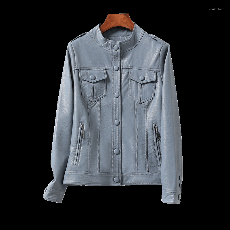 

Women's Leather High Quality 2022 Spring Autumn Genuine Stand Collar Single Breasted Sheepskin Jacket Women Streetwear Clothing Y864