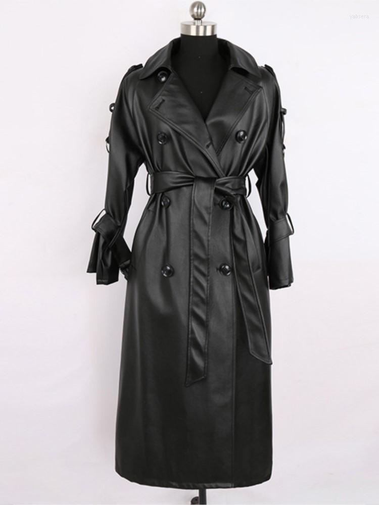 

Women' Leather Women' Trench Coat 2022 Fashion Black Imitation Sheepskin Long Belt PU Double Breasted Women