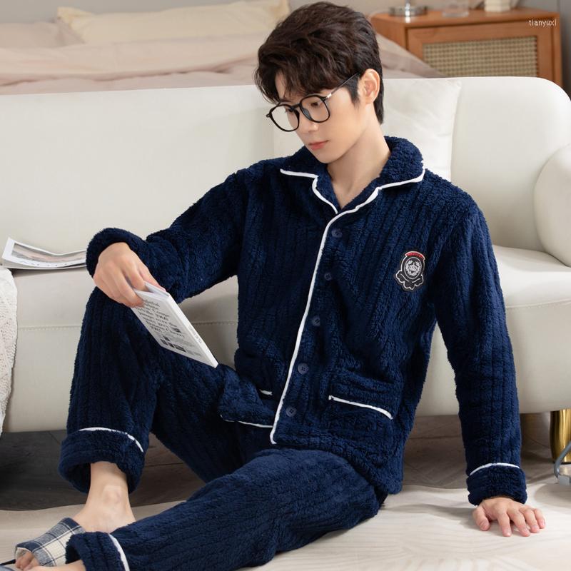 

Men's Sleepwear QUHENG Winter Man Collar Pajamas Set Warm Flannel Home Clothes Coral Fleece Thick Nightwear Large Size Pyjama