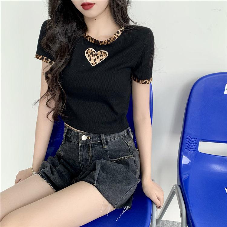 

Women' T Shirts Woman Tshirts Short Sleeve Top Female 2022 Summer Leopard Print Heart-Shaped Crop Mujer Camisetas, Black