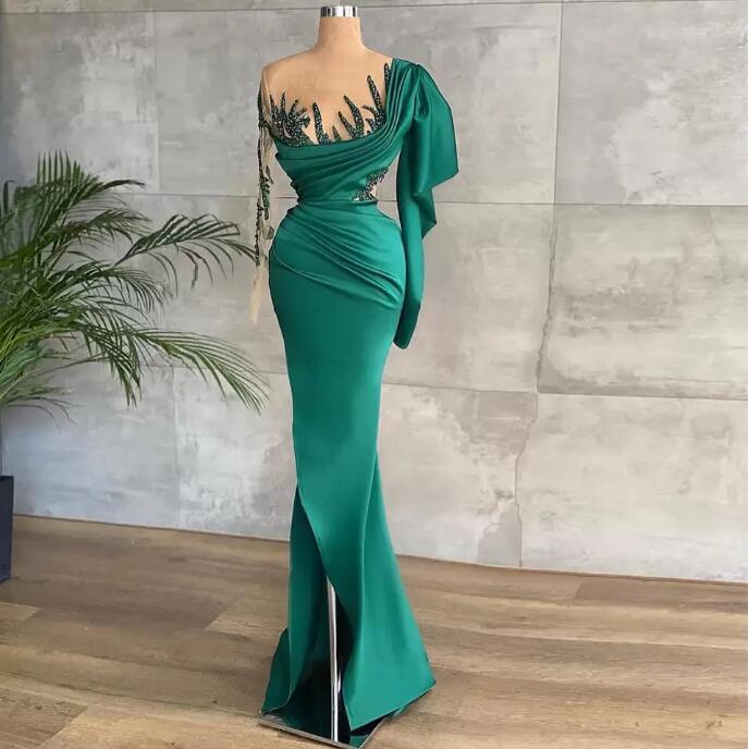 

Hunter Green mermaid prom Dresses Sequined Beaded Long Sleeves Sheer O Neck Side Split Stain Pleats Celebrity Evening Gown, Same as image