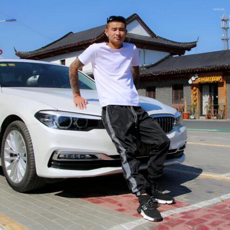 

Men' Pants Joggers Men Reflective Spring 2022 Harajuku Sweatpants Striped Splice Street Fashion Casual Sports Trousers Couple Style, Black