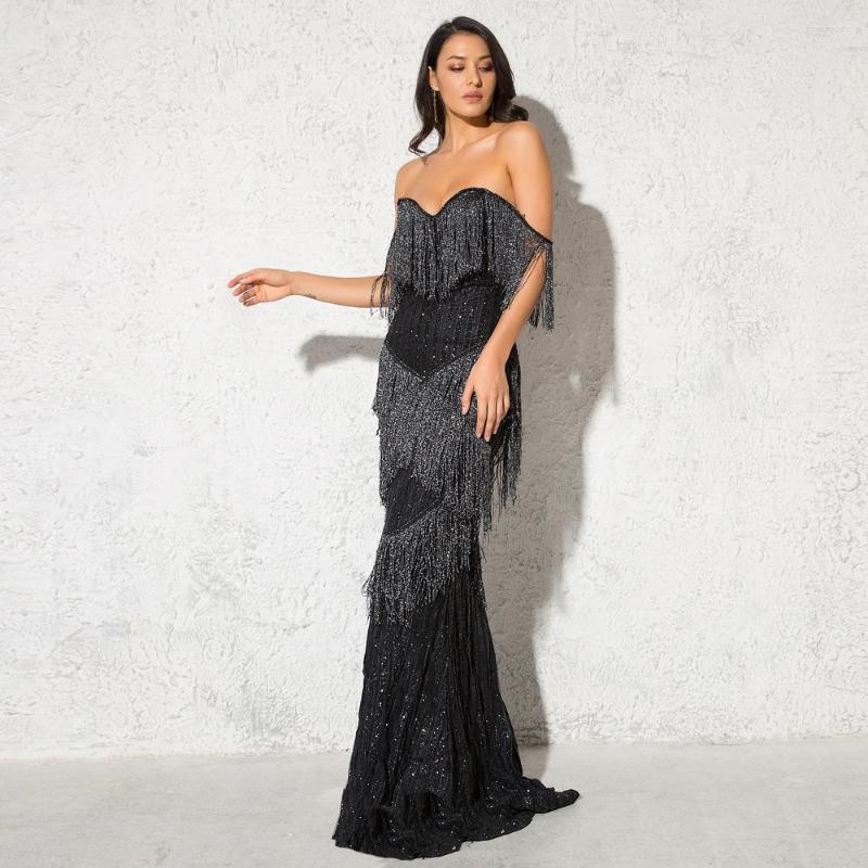 

Casual Dresses Sexy Tassels Striped Glittered Dress Strapless Low Cut Off The Shoulder Maxi DressParty Gown Silver Black