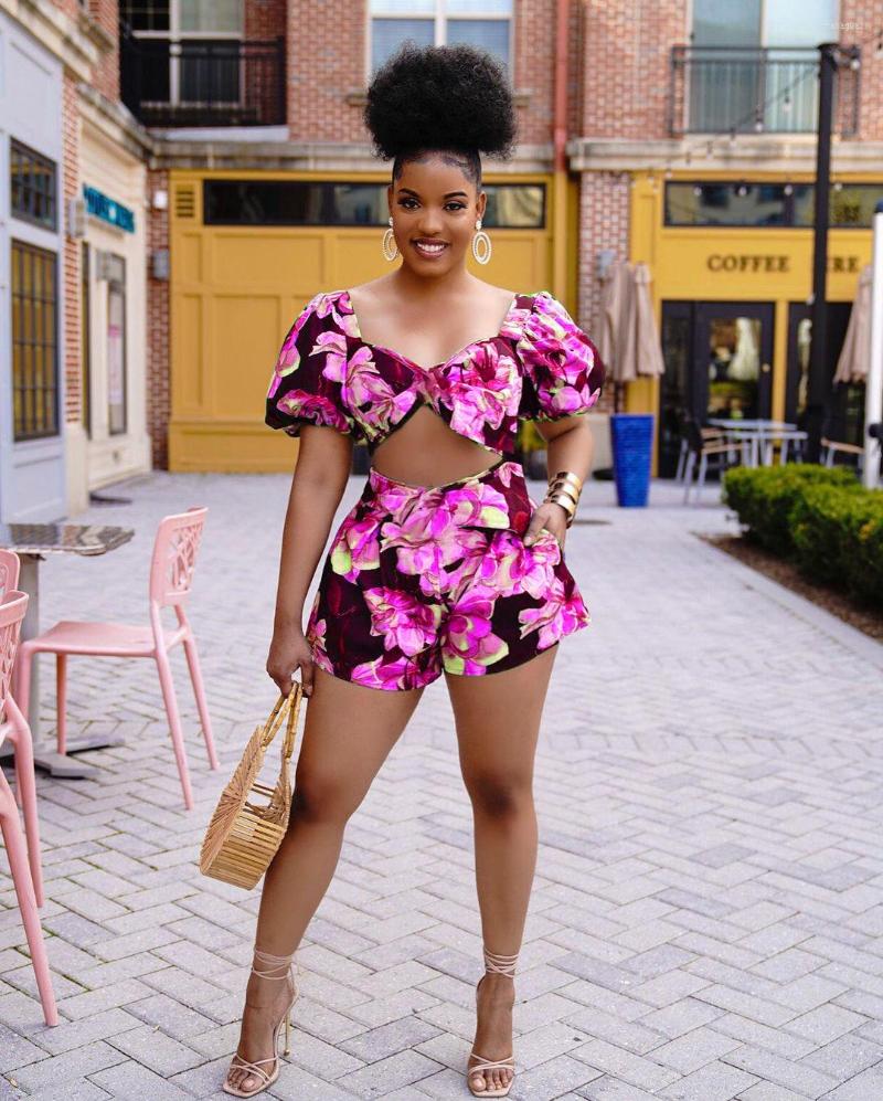 

Women' Tracksuits RMSFE 2022 Fashion Sexy Bubble Short Sleeve Waist Hollow Clothes Tight Flower Print Shorts 2 Piece Women' Set, Blue