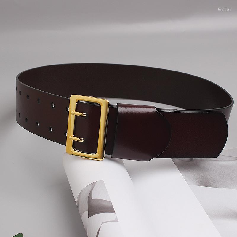 

Belts Double Buckle Pins Waist Belt Cow Skin Wide Corset Strap Women Genuine Leather Strech Coffee Female Coat Dress Decoration, Black