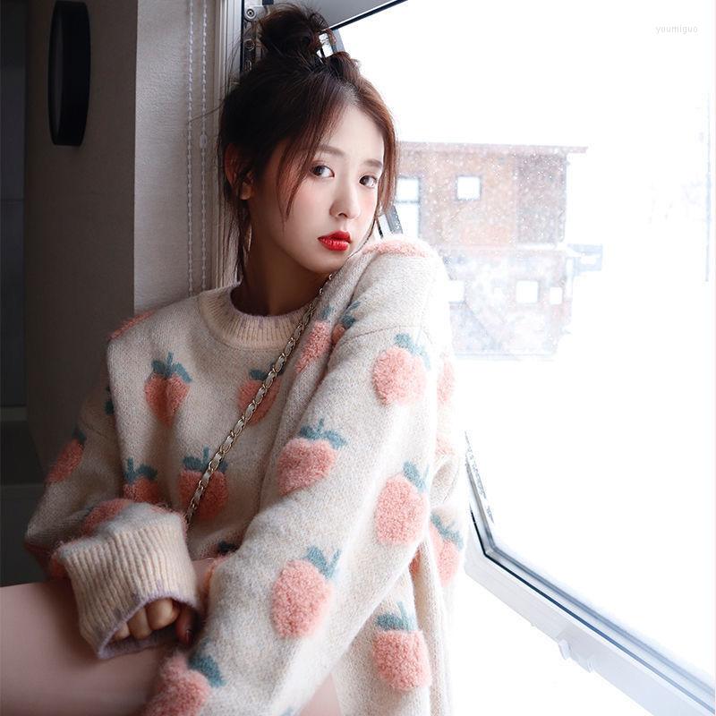 

Women's Sweaters Woman Chandails Flocking Brocade Sweater Women's Spring Autumn Loose Top Casual, Strawberry