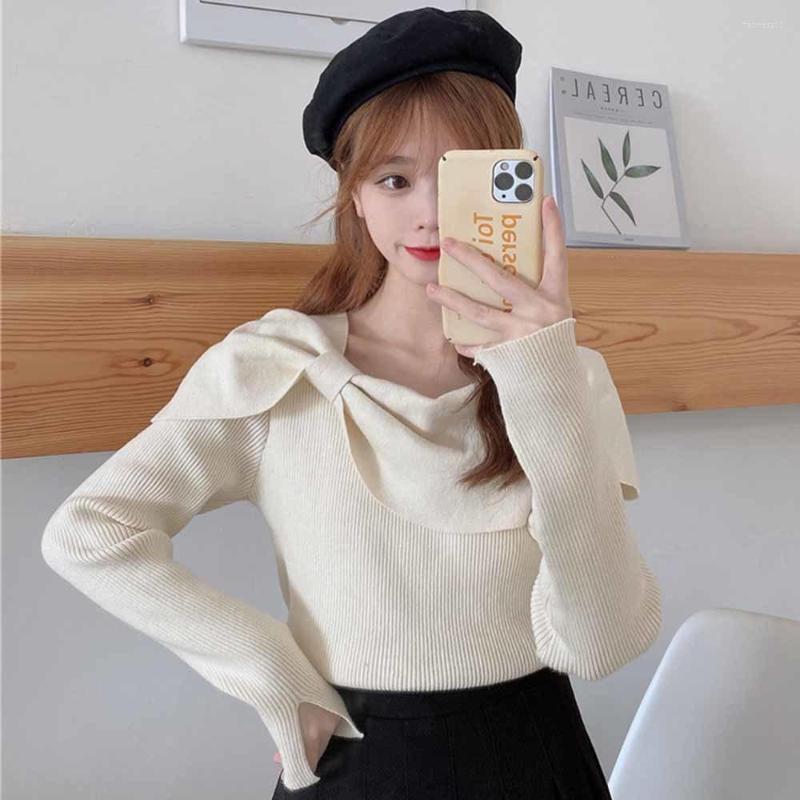 

Women's Sweaters Korean Bowknot Slash Neck Women Slim Knitwear Solid Long Sleeve Knitted Tops 2022 Spring Femme Pull Jumpers, Black