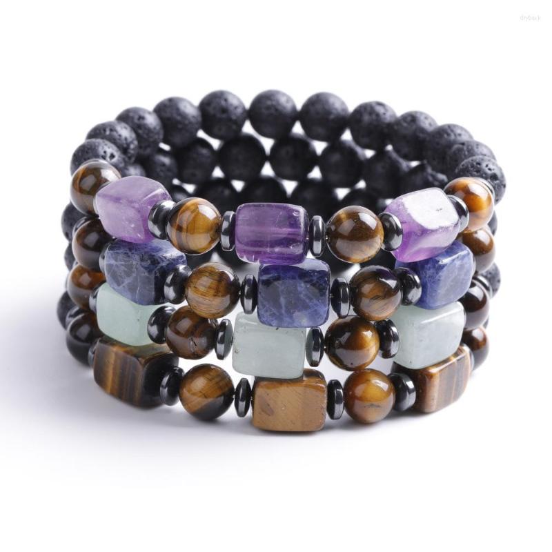 

Strand Healing Jewelry Natural Stone Bracelets Square Rock Quartz Black Lava Tiger Eye Amethysts Purple Crystal For Women Men