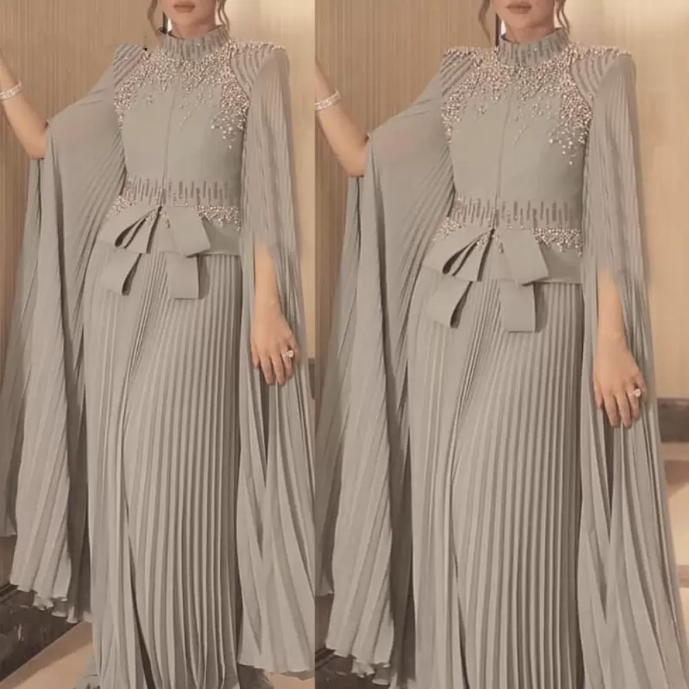 

Muslim Arabic Dubai Kaftan Chiffon Pleats Formal Evening Dresses Pearls Beaded High Neck Elegant A Line Prom Party Gowns Bow Moroccan Caftan Floor Length wly935, Dark navy