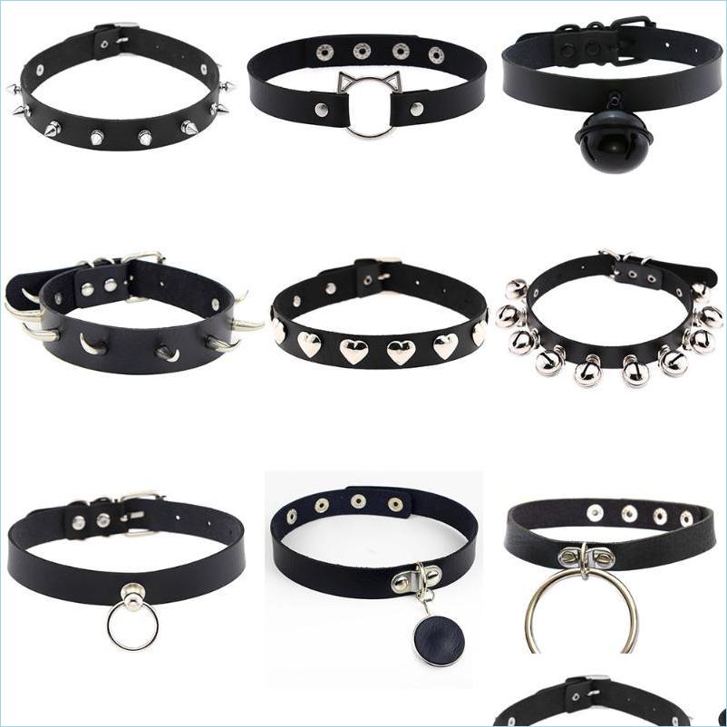 

Chokers Chokers Punk Pu Leather Heart Round Spike Rivet Studded Choker Necklace Gothic Women Black Jewelry Birthday Party Gift Chock Dhexk