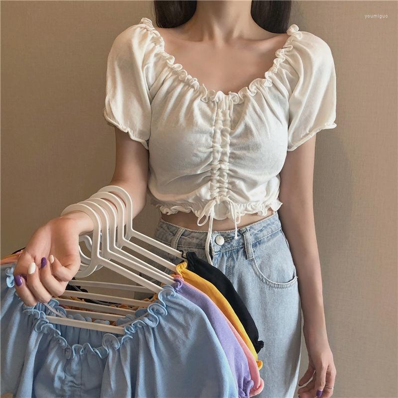 

Women's T Shirts Woman TShirts Drawstring T-shirt Female Summer Puff Sleeve White Knitted Short-Sleeved Shirt Crop Top Mujer Camisetas, 47055purple