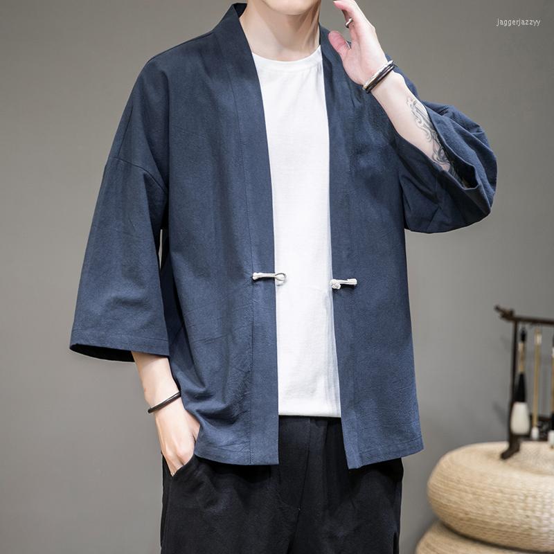 

Men's Casual Shirts Men Shirt Man Kimono Clothes Cotton Linen Jackets Chinese Streetwear Coat Cardigan J, Black