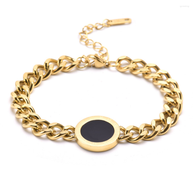 

Link Bracelets 316L Stainless Steel Black And White Shell Round Brand Thick Chain Short Ladies Bracelet Acier Inoxydable Femme