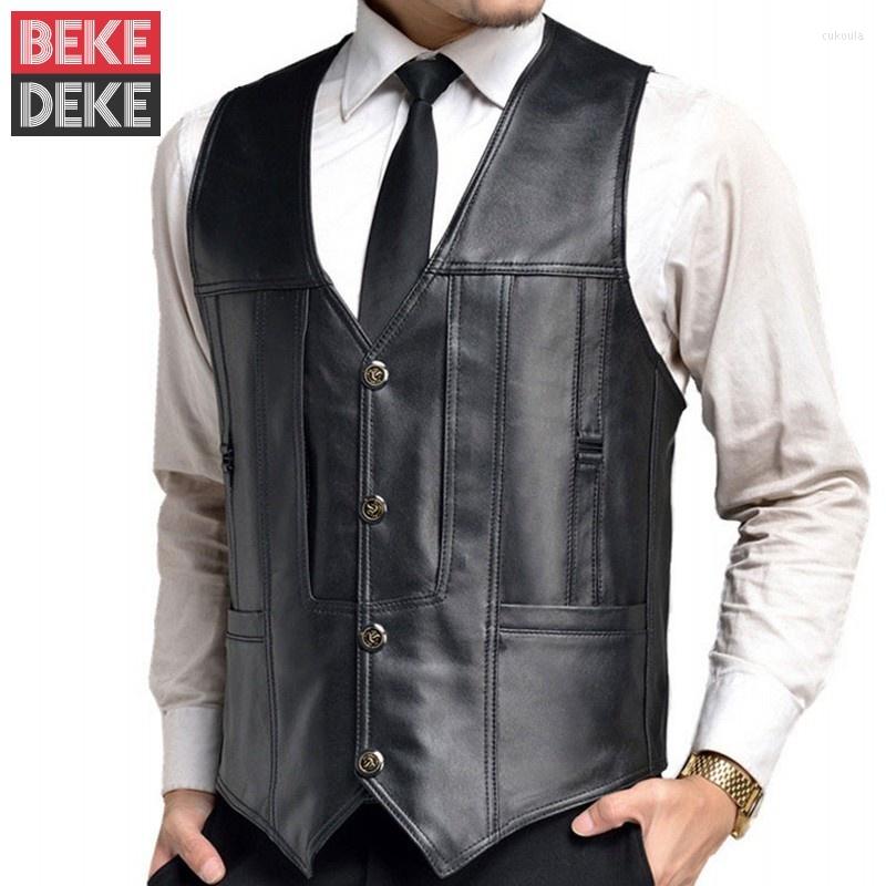 

Men's Vests Business Autumn Men Single Breasted V Neck Vest Tops Sleeveless Sheepskin Genuine Leather Jacket Winter Cotton Padded Waistcoat, Black normal
