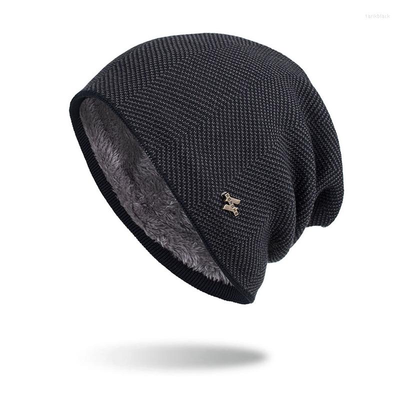 

Berets Winter Man Knitted Beanie Hat Casual Plush Warm Hedging Cap Fashion Windproof H Sign Solid Color Male Wool, Navy