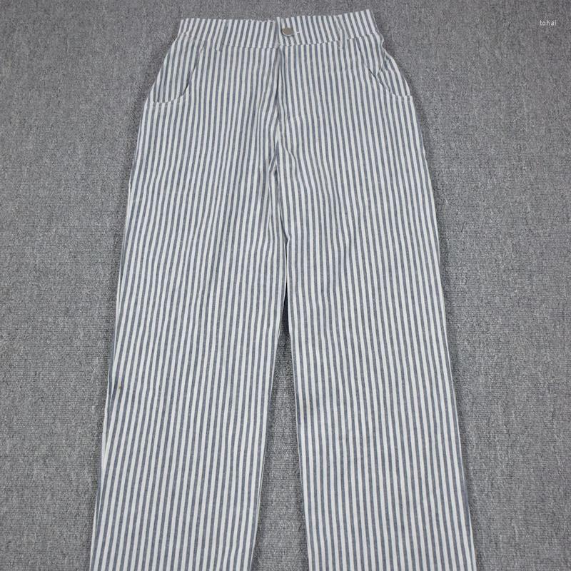 

Women' Pants Syeazeam Korean Style Fashion Trousers Women Loose High Waist Buttoned 2022 Summer Slim Striped All-match Casual, Navy blue stripes