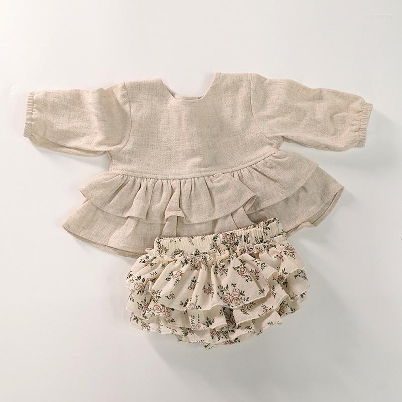 

Clothing Sets Soft Breathable Baby Girls Set Vintage Linen Cotton Long Sleeve Tutu Shirt Dress Triple Layers Skirt Shorts Outfits, Beige