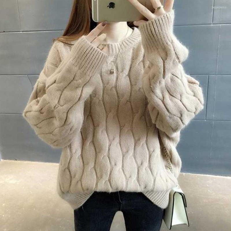 

Women's Sweaters O-Neck Twisted 2022 Arrival Thick Warm Winter Knitted Women Sweater Loose Casual Solid Color Pullover, White