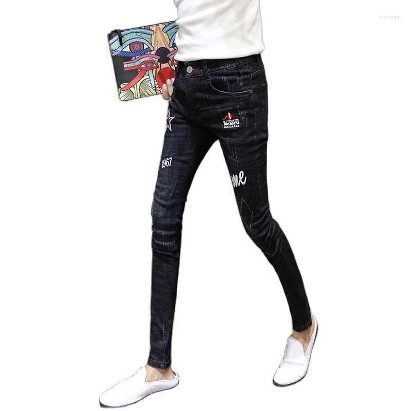 

Men's Pants 2022 Fashion Embroidery Classic Small Leg Skinny Jeans Men Pencil Cut Male Korean Thin Black Stretch Slim Denim Trousers