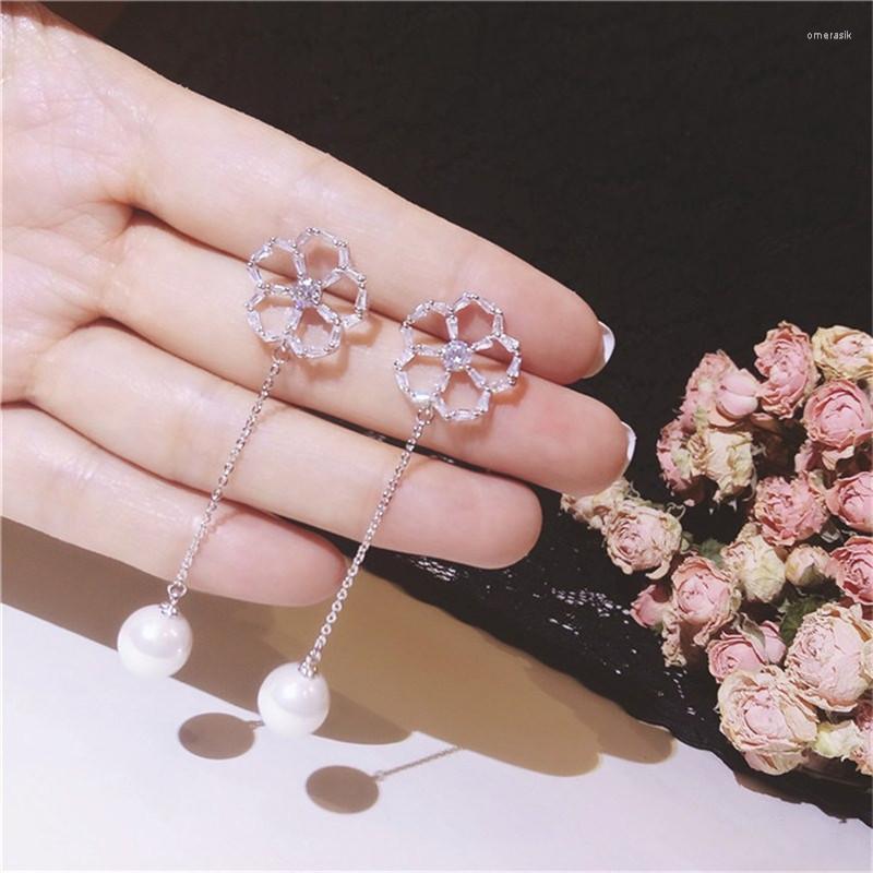 

Dangle Earrings Real S925 Sterling Drop For Women Long Flower Brincos Imitation Pearls Elegant Fine Jewelry Prevent Allergy