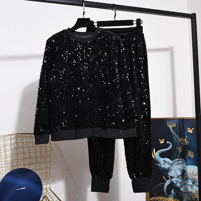 

Women' Two Piece Pants Autumn Winter Fashion Sequins Knitted Sweater Women Outfits Pullover Coat Little Feet Peice Set Ladies Tide H2603, Black