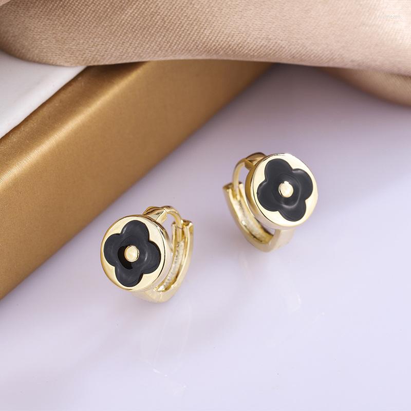 

Hoop Earrings Black Enamel Flower For Women Round Girls Piercing Pendientes Jewelry Gifts Wholesale Accessories Aretes
