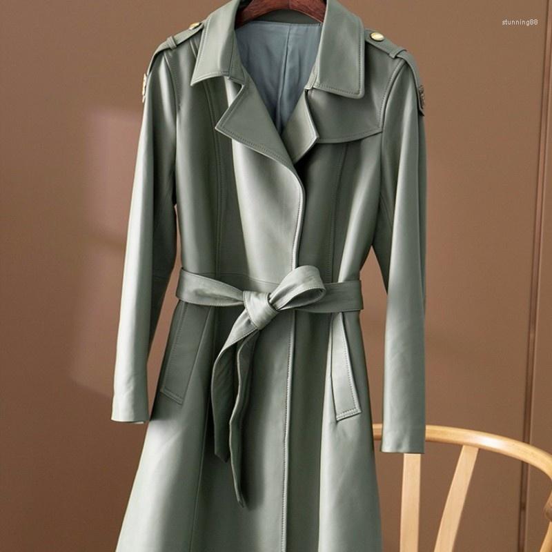 

Women's Leather Ladies Elegant Long Belted Genuine Jacket Women Office Work Real Sheepskin Windbreaker Trench Coat Military Style, Black