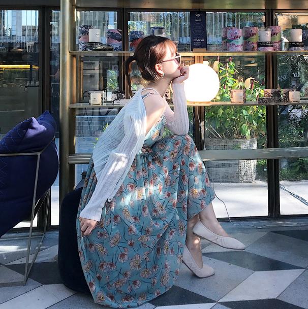 

Casual Dresses Summer Chiffon Dress Womens 2022 Floral Print Spaghetti Strap Holiday Travel Beach Ladies Outfits, Blue