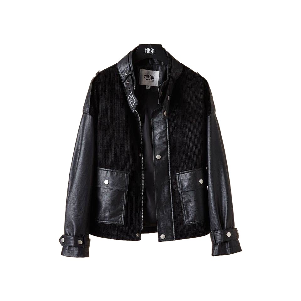 

She pool stitching biker wind jacket 2022 autumn new women's fashion collar loose thin long-sleeved jacket, Black