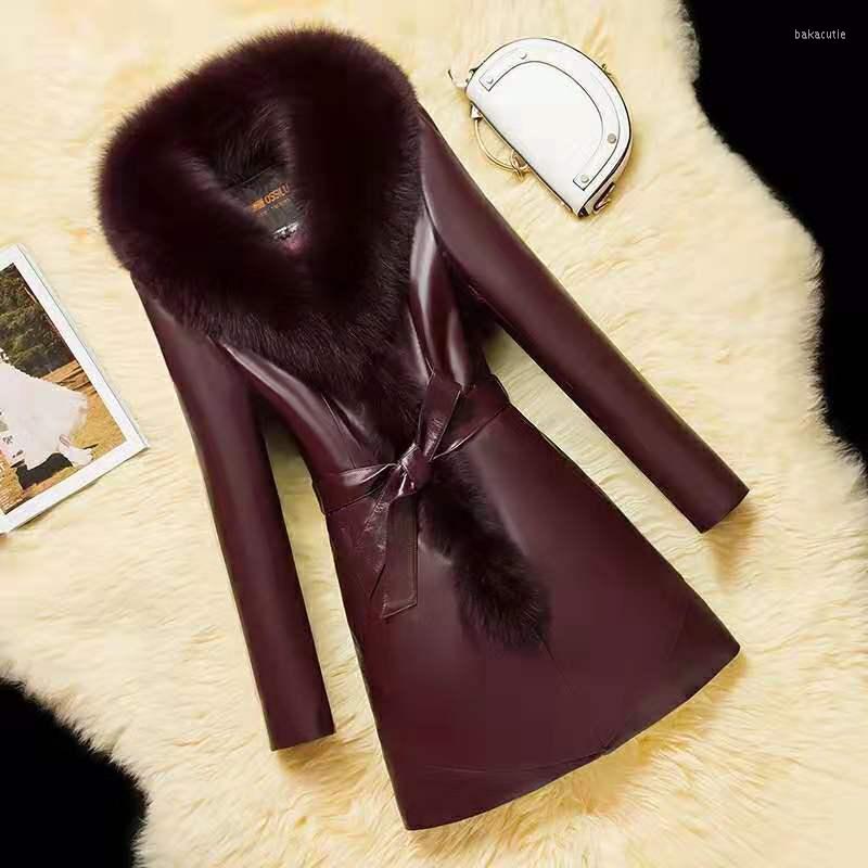 

Women' Fur NicePop Winter Warm Big Collar Pu Leather Parka Women Down Cotton Jacket Medium Long Coat Female Slim Casual Outerwear R1967, Red
