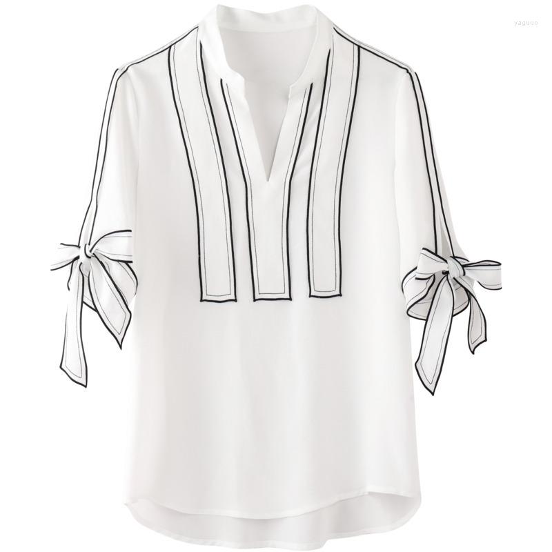 

Women' Blouses 2022 Summer Korean Women' Clothing Temperament Chic Intellectual Collision Color V-neck Short-sleeved Bow Tie Shirt, White