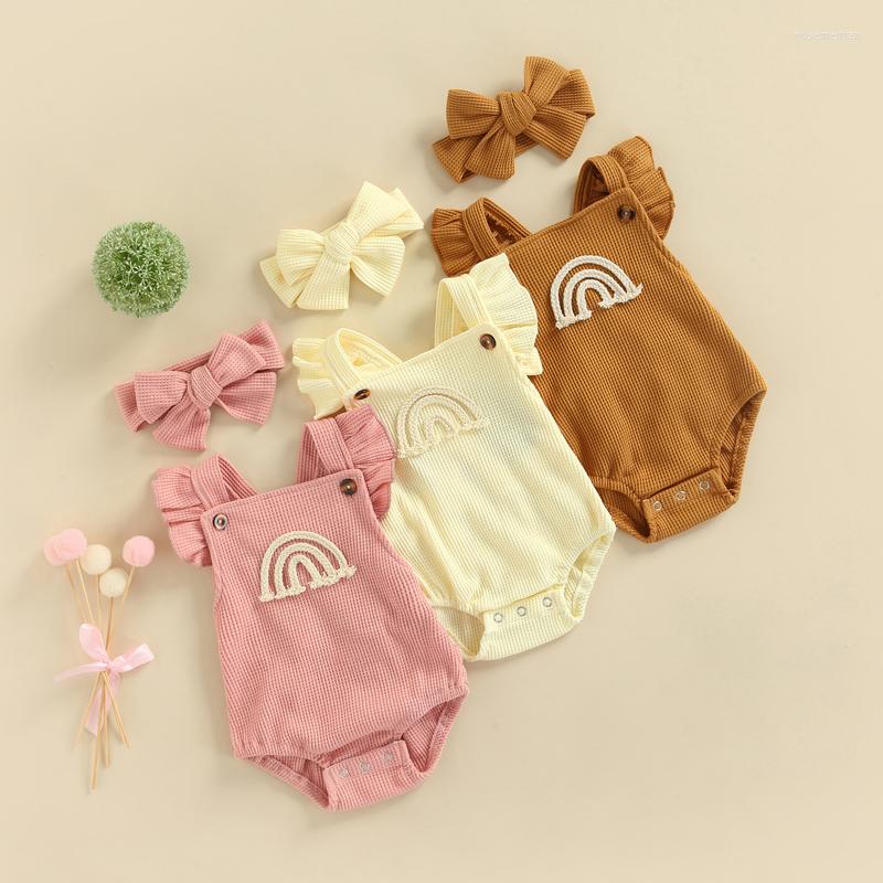 

Clothing Sets Cute Born Baby Knitted Rainbow Jumpsuit Toddler Infant Sleeveless Headband Kids Boys Girls Backless Casual Outfits