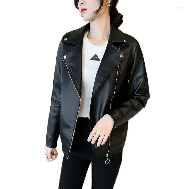 

Women' Leather Women PU Jacket 2022 Autumn Ladies Short Coat Female Casual Motorcycle Feminina Suit Collar, Black