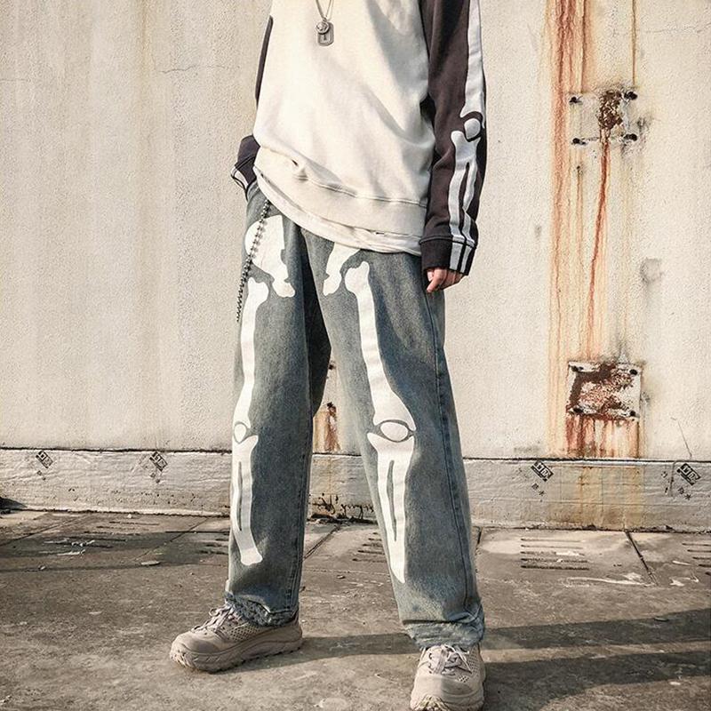 

Men' Jeans Baggy Mens SKeleton Printing Streetwear Trousers Hip Hop Wide Leg Pants High Quality For Men, Blue