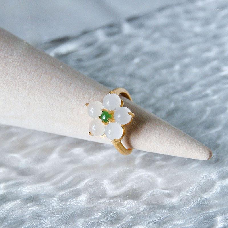 

Cluster Rings Original Design Inlaid Natural Hetian Jade Flower Ring Opening Adjustable Sweet Fresh Romantic Ladies Silver Jewelry
