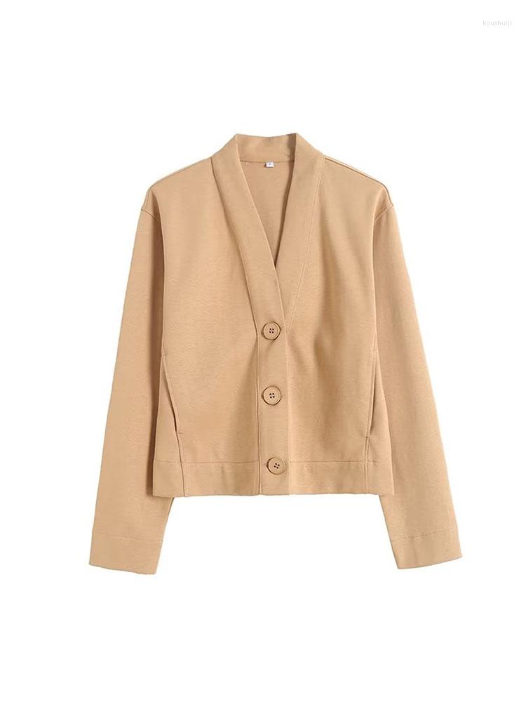 

Women' Jackets 2022 Autumn/Winter Women' Four-colour Fashion Single-breasted Cotton V-neck Solid Colour Long-sleeved Jacket, Beige