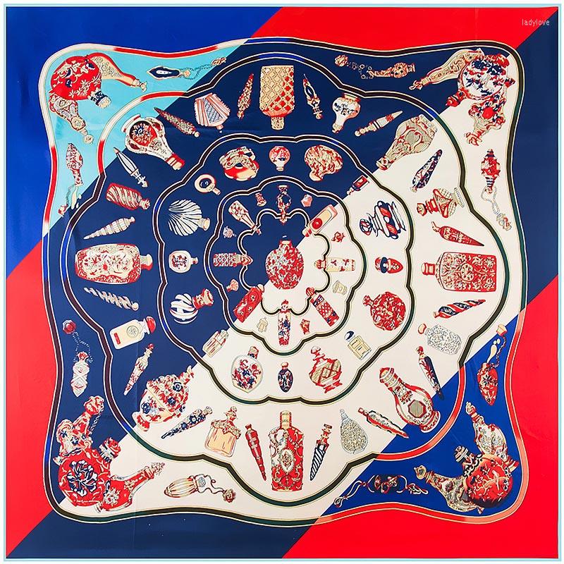 

Scarves 130 130cm Women Twill Silk Square Scarf Bottle Print Designer Luxury High Quality Lady Shawl Hijab Super Large
