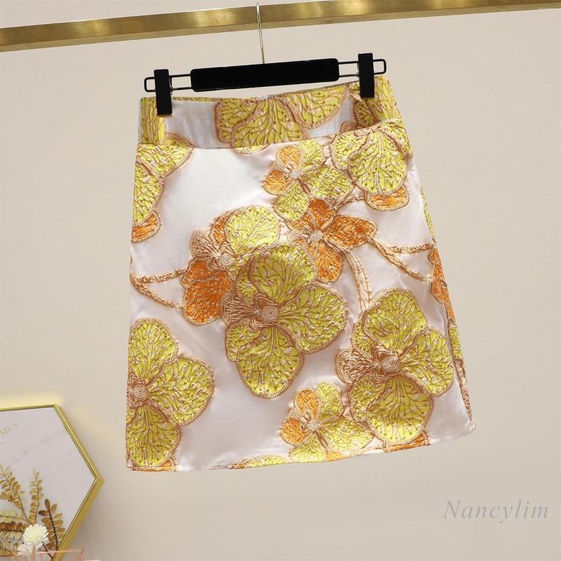 

Skirts High Waist Yellow Floral Skirt For Women Slim Fit 2022 Spring And Autumn Ladies Embroidered Sheath A- Line Mujer