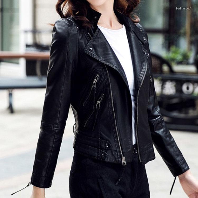 

Women's Leather Zipper Short Jacket Women's Washed Long Sleeve 2022 Autumn Slim Coat Skinny Sexy Girl Top, Black