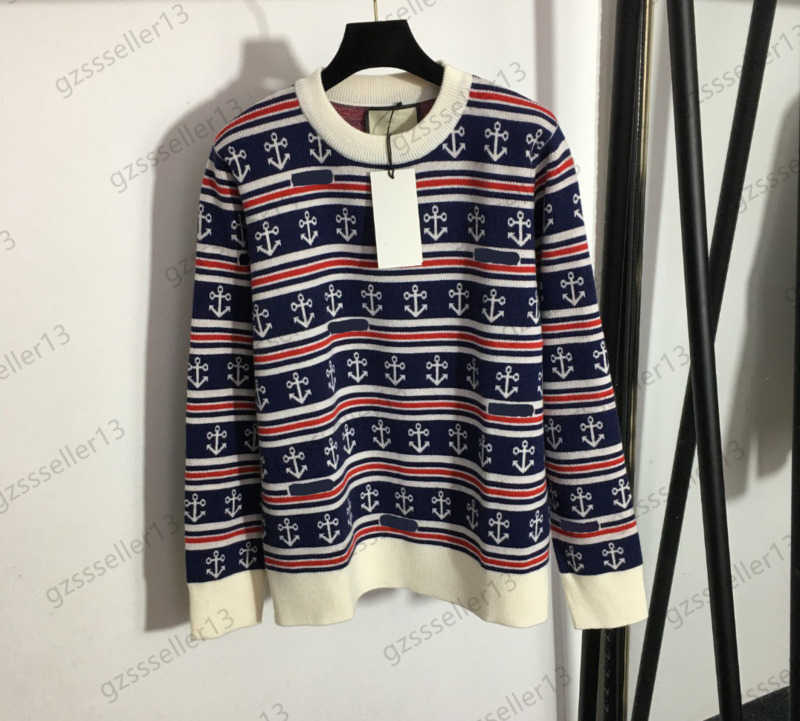 

Fashion Womens Sweater Anchor Arrow Stripes Match Color Casual Knitted Sweaters Round Neck Long Sleeves Pullover Wool Knitwear Joker Warm Women Tops 1970