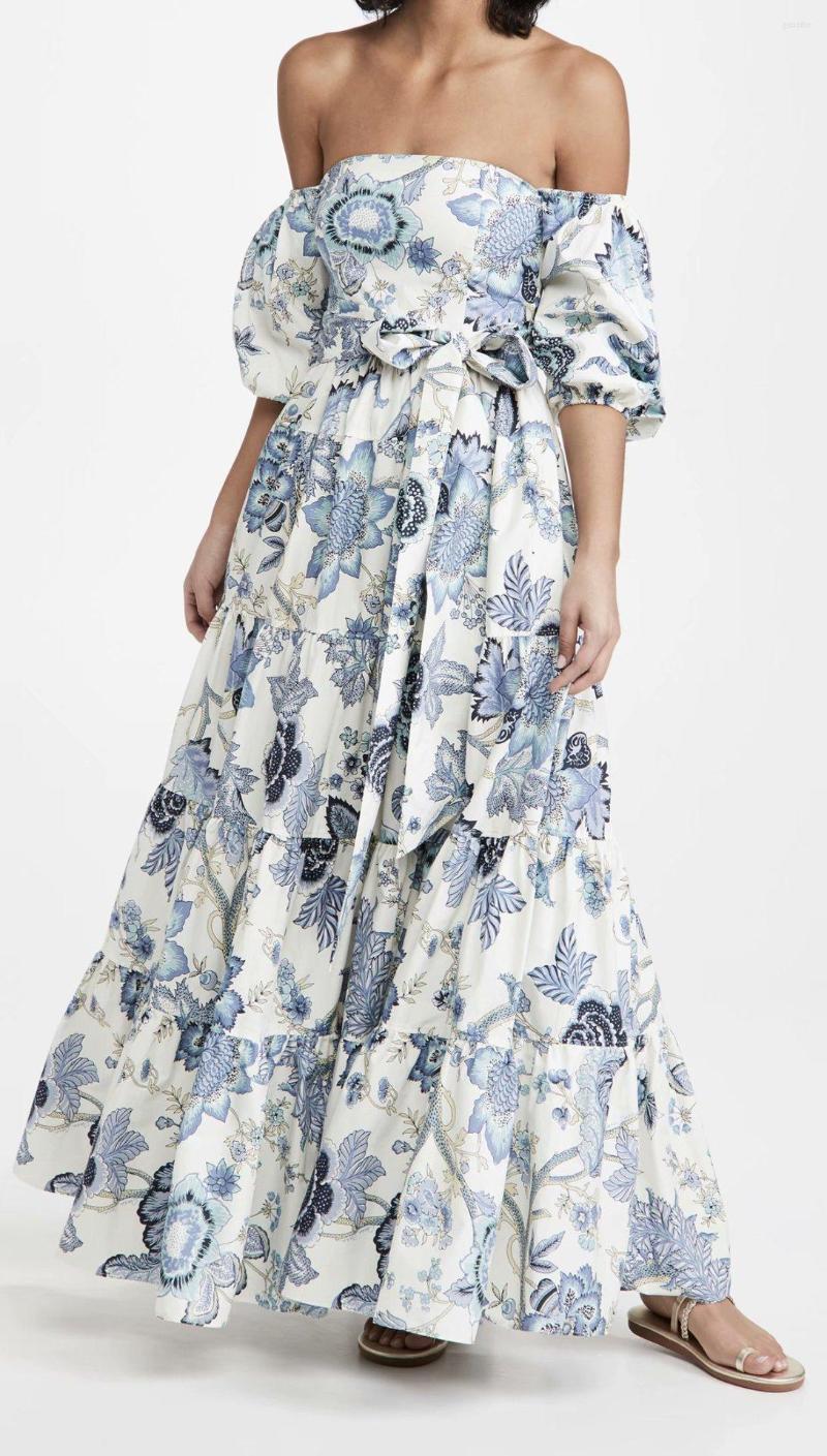 

Party Dresses 2022 Holiday Off-The-Shoulder Dress Floral Printing Elegant Ball Gown Midi Flower Puff Sleeve Princess Vestidos, Blue