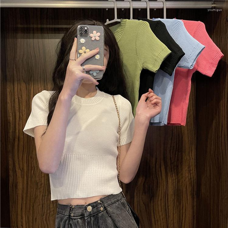 

Women' T Shirts Woman Tshirts Summer 2022 Cropped Top With High-Waisted Trousers Short Sleeve Knitwear Women' Crop Mujer Camisetas, Black